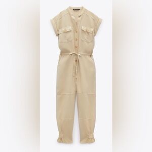 ZARA - Oatmeal Button-Front Linen Jumpsuit